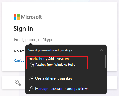 Microsoft Sign In Form With Passkey Prompt