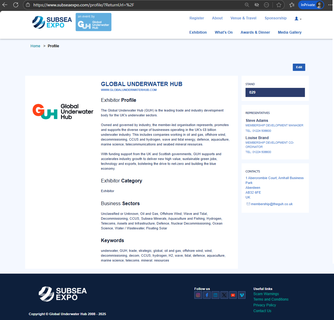 Subsea Expo Exhibitor Profile Page Example